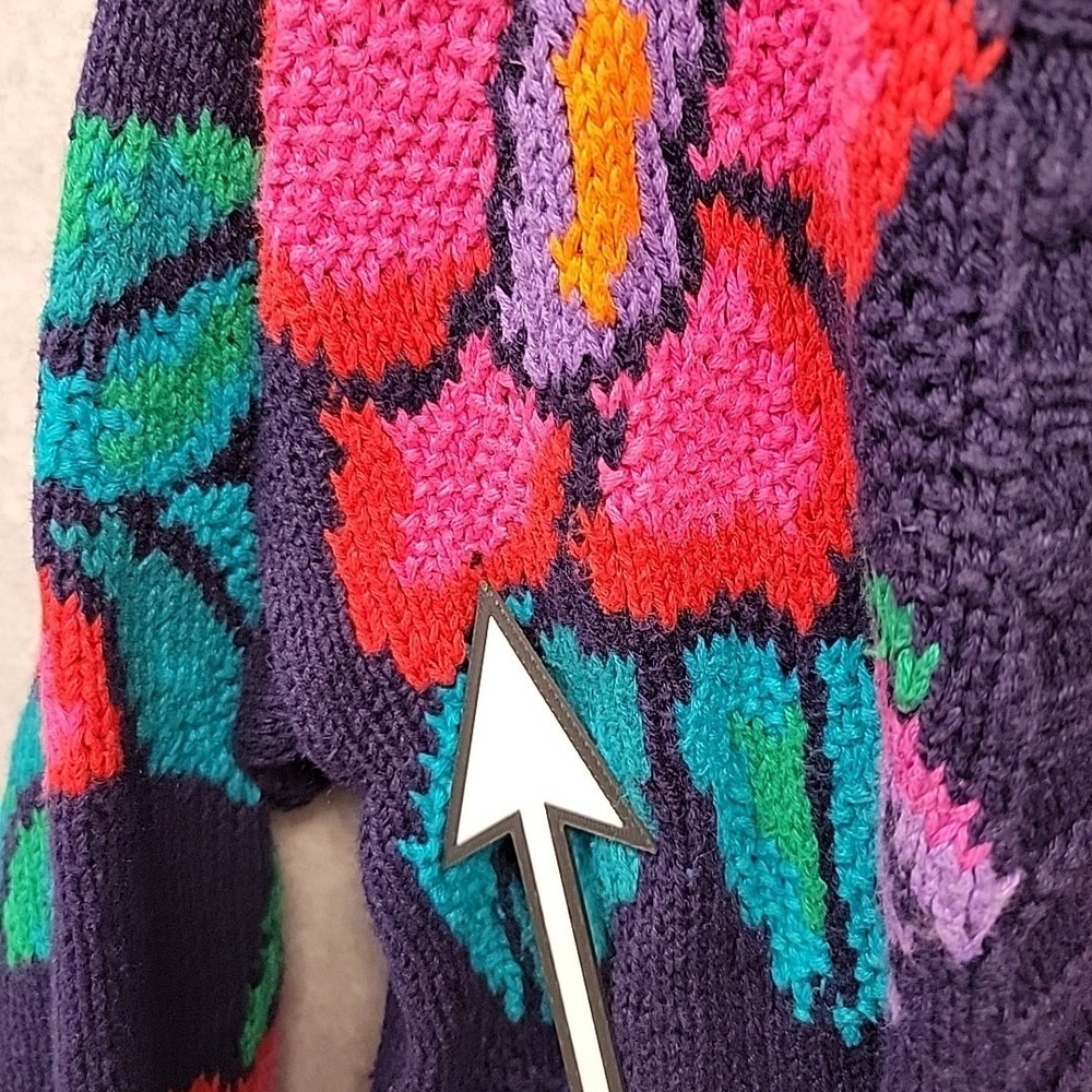Vintage Izod Sweater Women M Floral Cardigan Hand Knit Cotton Blend Vibrant Rare - Picture 14 of 16